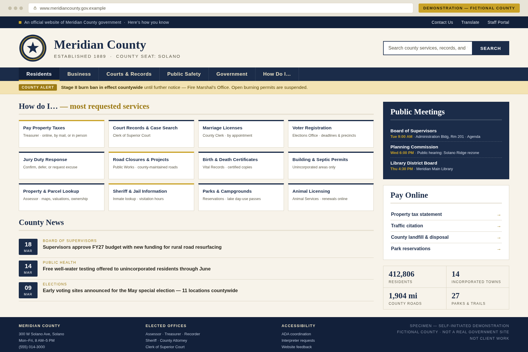 Demonstration mockup: the fictional Meridian County government portal — navy and gold with a serif masthead, county seal, dense twelve-service directory, public-meetings panel, and a burn-ban alert banner.